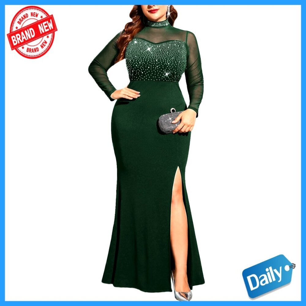 Sparkly Mesh Maxi Dress Elegant Formal Evening Gown Rhinestone Mermaid